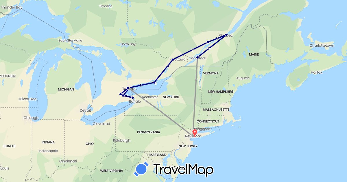 TravelMap itinerary: driving, plane, hiking in Canada, United States (North America)