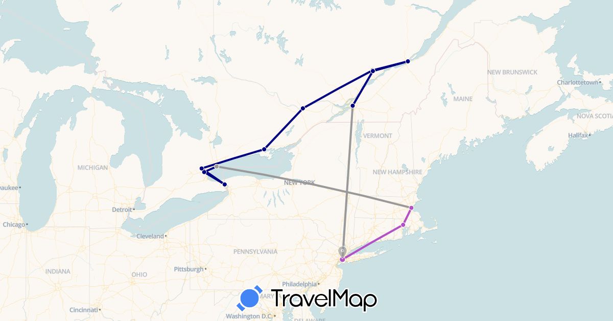 TravelMap itinerary: driving, plane, train in Canada, United States (North America)